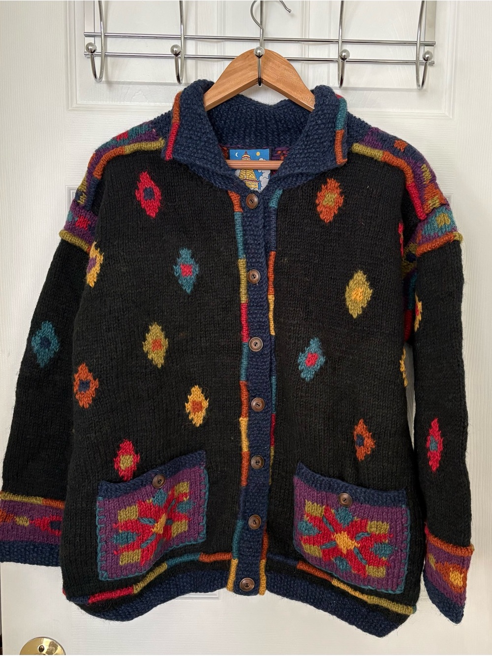 Newari Hand-Knit Black Geometric Button Cardigan Sweater